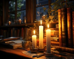 Old books and candles on the table in the library. 3d rendering