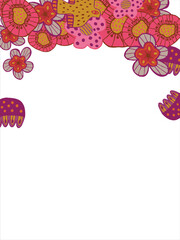 Fashionable frame of flowers. Spring background design, colorful bright flowers, decorative beautiful garden. Place for text. Design for postcard, invitation, web. Vector illustration