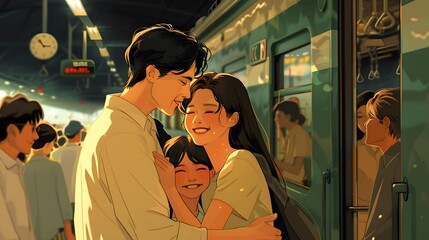 Illustrated Reunion: Joyful Meeting at the Train Station