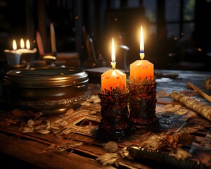 Burning candles in a candlestick on a table in a dark room