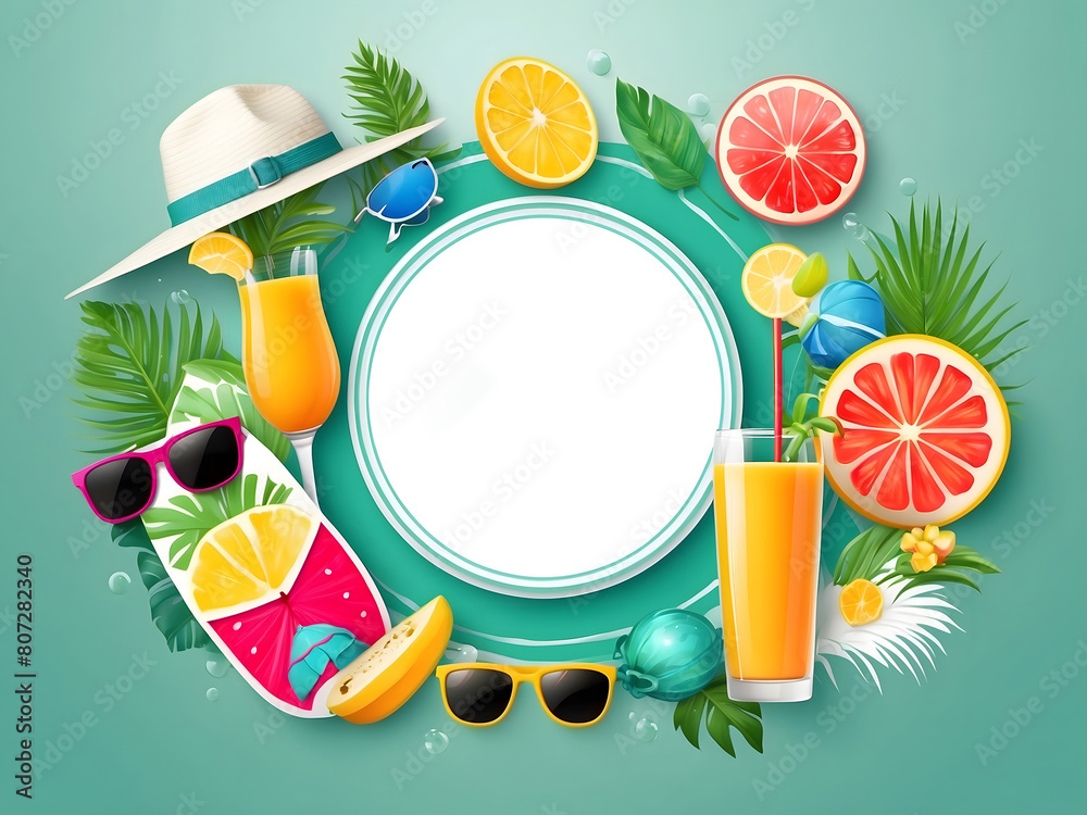 Fototapete hello summer vector banner design. hello summer greeting in white circle for text with beach element