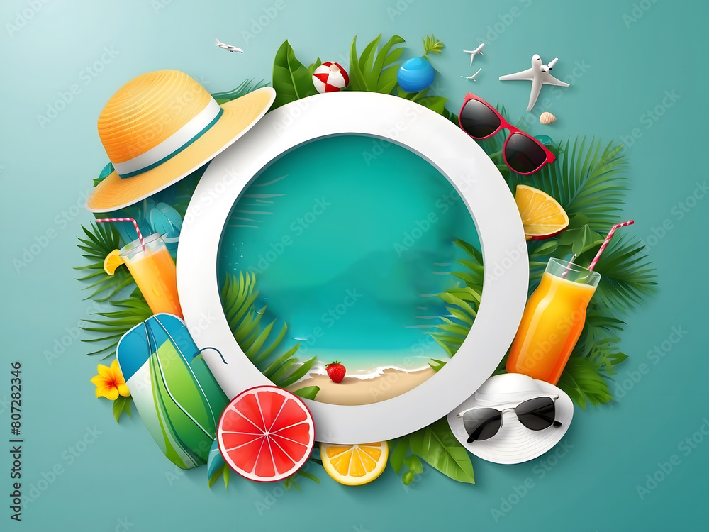 Fototapete hello summer vector banner design. hello summer greeting in white circle for text with beach element