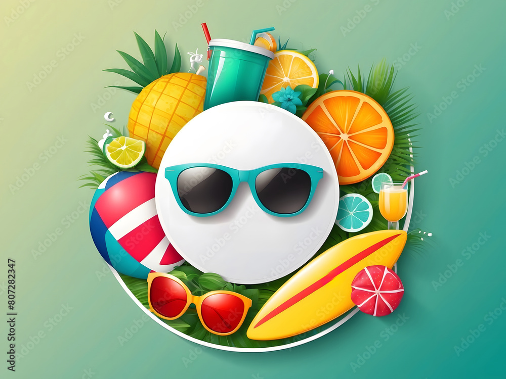 Fototapete hello summer vector banner design. hello summer greeting in white circle for text with beach element