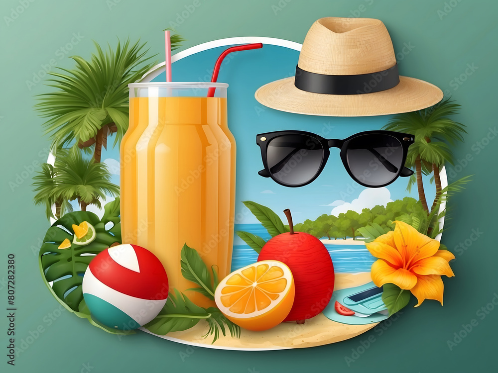 Fototapete hello summer vector banner design. hello summer greeting in white circle for text with beach element