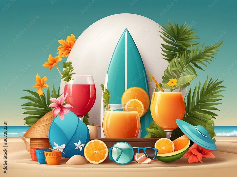Fototapete hello summer vector banner design. hello summer greeting in white circle for text with beach element