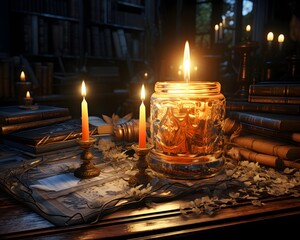 Candles and books on a table in a library. 3d rendering