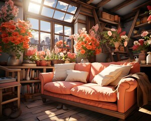 Interior of a room with a sofa and flowers. 3d rendering