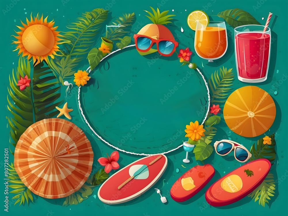 Fototapete hello summer vector banner design. hello summer greeting in white circle for text with beach element