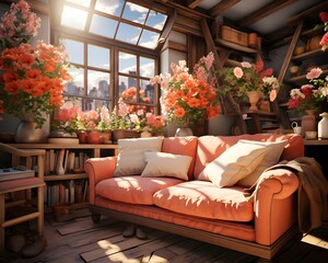 Living room interior with sofa and flowers. 3d render illustration.