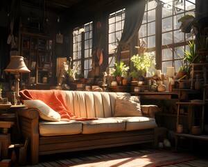 Interior of a cozy room with a sofa and a coffee shop