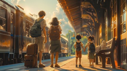 Sunlit Reunion: Joyful Family Gathering at the Railway Station
