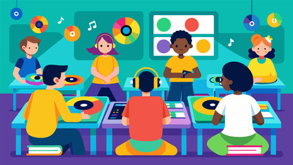 Obraz premium In a colorful classroom colorful vinyl records are tered on desks as young students use them to create their own unique beat. Vector illustration