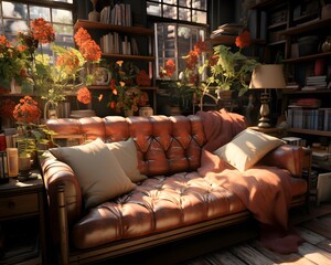 Comfortable sofa in a cozy living room with bookshelves and flowers