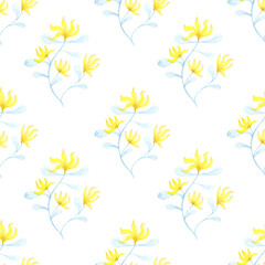 Botanical seamless pattern illustration with branches and yellow flowers over a white background. Spring and summer theme.