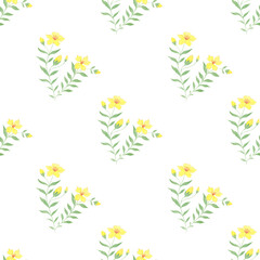 Botanical seamless pattern illustration with green branches and yellow flowers over a white background. Spring and summer theme.