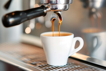 Espresso coffee machine pours espresso coffee into a white cup