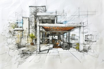 A beautiful drawing of a house featuring a charming porch, perfect for relaxing and enjoying the outdoors. Generative AI