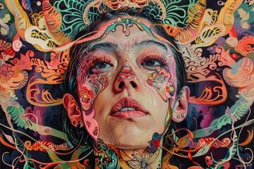 A woman's face is painted on a canvas with a lot of detail