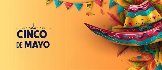 Cinco de Mayo Mexican holiday party banner with sombrero, mustache on orange background Illustration