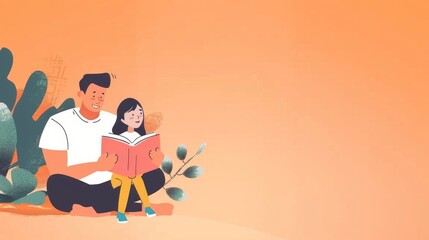 Illustration father and daughter reading books