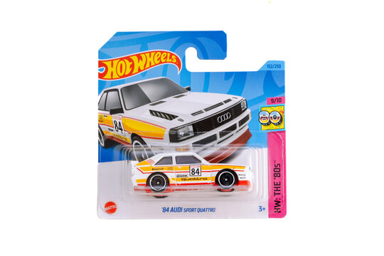 a die cast hot wheels toy unopened in packaging with plain white background. European, Audi Quattro Rally Touring Car, 1984