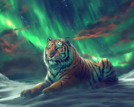 Under the aurora borealis in Iceland, a corpulent tiger with camera ready, uses vibrant strokes to immortalize the dancing lights on his expansive canvas
