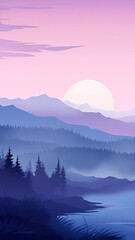 sunrise in the mountains vector silhouette design phone wallpaper background gradient pastel purple scene
