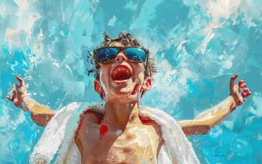 Boy in sunglasses and towel, screaming joyfully against a light blue sky.