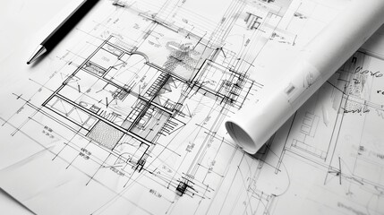 Detailed drawing of a house standing on top of intricate blueprints representing a project renovation sketch with plans and design ideas. Generative AI
