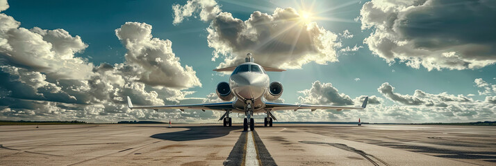 Business jet on the runway against the backdrop of a beautiful sky with beautiful clouds.
