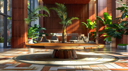 Modern Hotel Lobby with Stylish Wooden Table