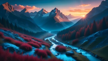 Mountain valley during sunset. Amazing nature scene glowing by sunlight.
