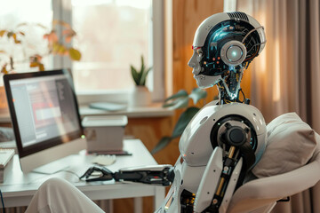 Fototapeta premium Humanoid Robot at a Computer Desk