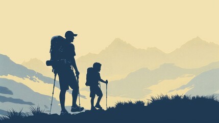 Father's Day poster concept silhouette of a father and son hiking