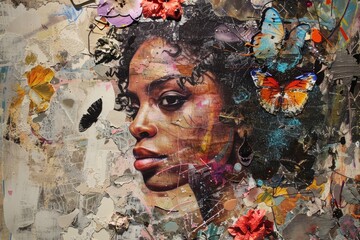 A woman's face is painted on a wall with butterflies and flowers