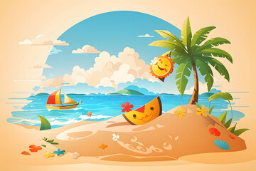 Hello, summer vector design! Summer text with sun character smiling on beach sand island. Vector illustration of a tropical season background design.
