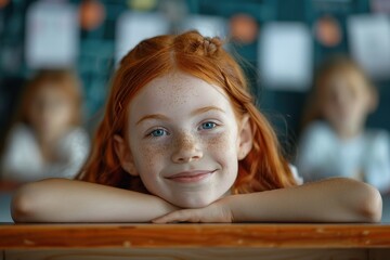 Smiling Redheaded Girl with Freckles in Classroom - 807286188