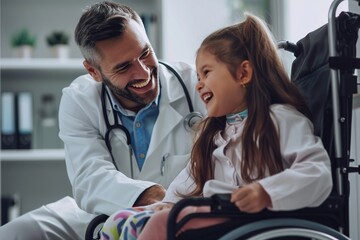 Caring Doctor Sharing a Laugh with Young Girl in Wheelchair - 807286380