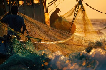 Fishermen at Sunset: Casting Nets on a Fishing Boat - 807286517