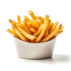 Golden french fries in a white bowl on a plain background