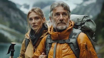 Fototapeta premium A man and a woman are standing in the mountains, both wearing backpacks