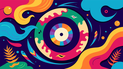Fototapeta premium Vibrant colors and swirling patterns adorn a record sleeve hinting at a fantastical world waiting to be discovered within the grooves. Vector illustration
