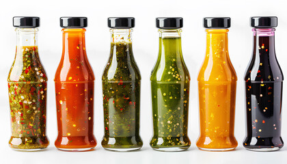 Set of tasty sauces in bottles on white background