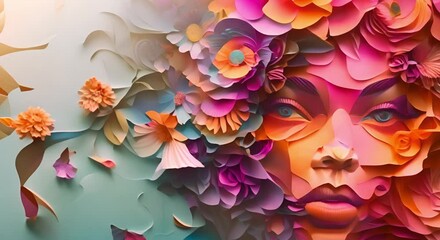 Vibrant paper collage of a girls face with flowers embodying Womens Day. Concept Papercraft, Collage, Femininity, Flower Art, Women's Day