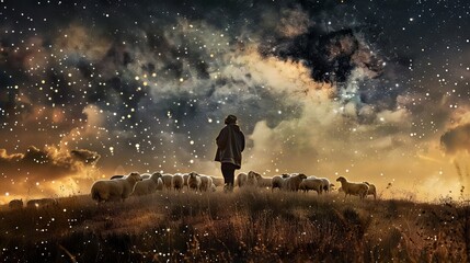 Fototapeta premium Surreal double exposure shepherd, flock, starry night
