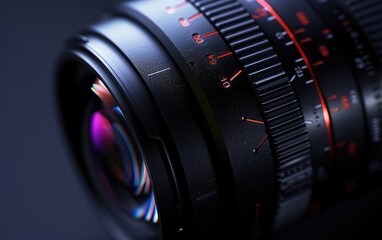 Close-up of a camera lens with detailed focus ring in low light.