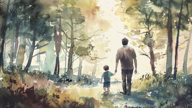 A father and child enjoying a nature hike together in the forest - Powered by Adobe