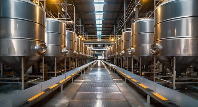 Steel fermentation tanks in modern alcohol production factory hall. Concept Modern Factories, Industrial Equipment, Manufacturing Processes, Steel Tanks