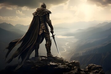 Medieval knight with sword on the top of the mountain. 3d rendering