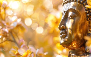 Close-up of a serene golden Buddha face with blurred floral background.